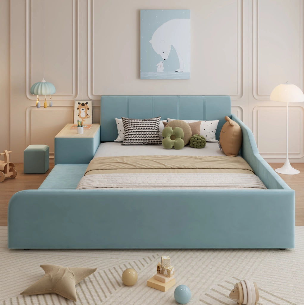 Letto imbottito blu 140x200 cm con scrivania laterale, sgabello e ripiani