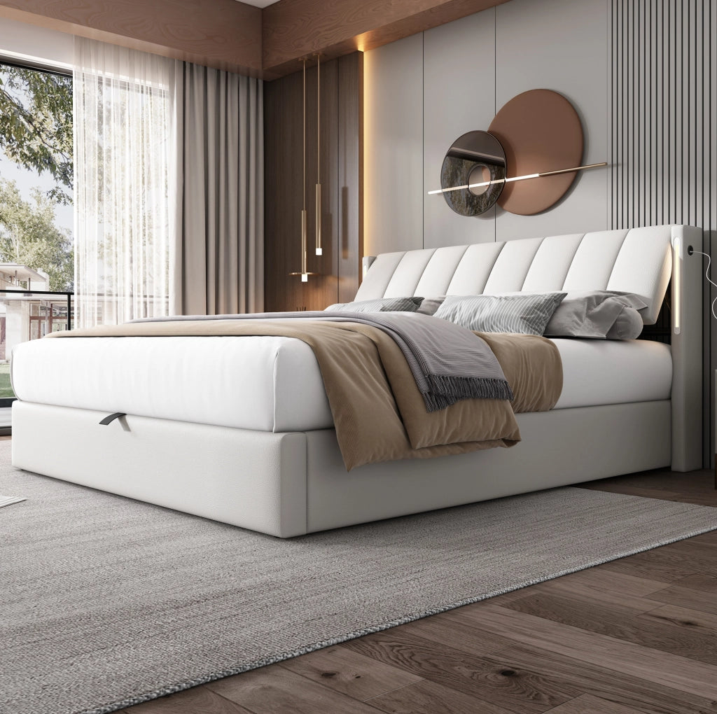 Letto imbottito bianco 160×200 cm con LED, USB Type-C, contenitore e testiera regolabile