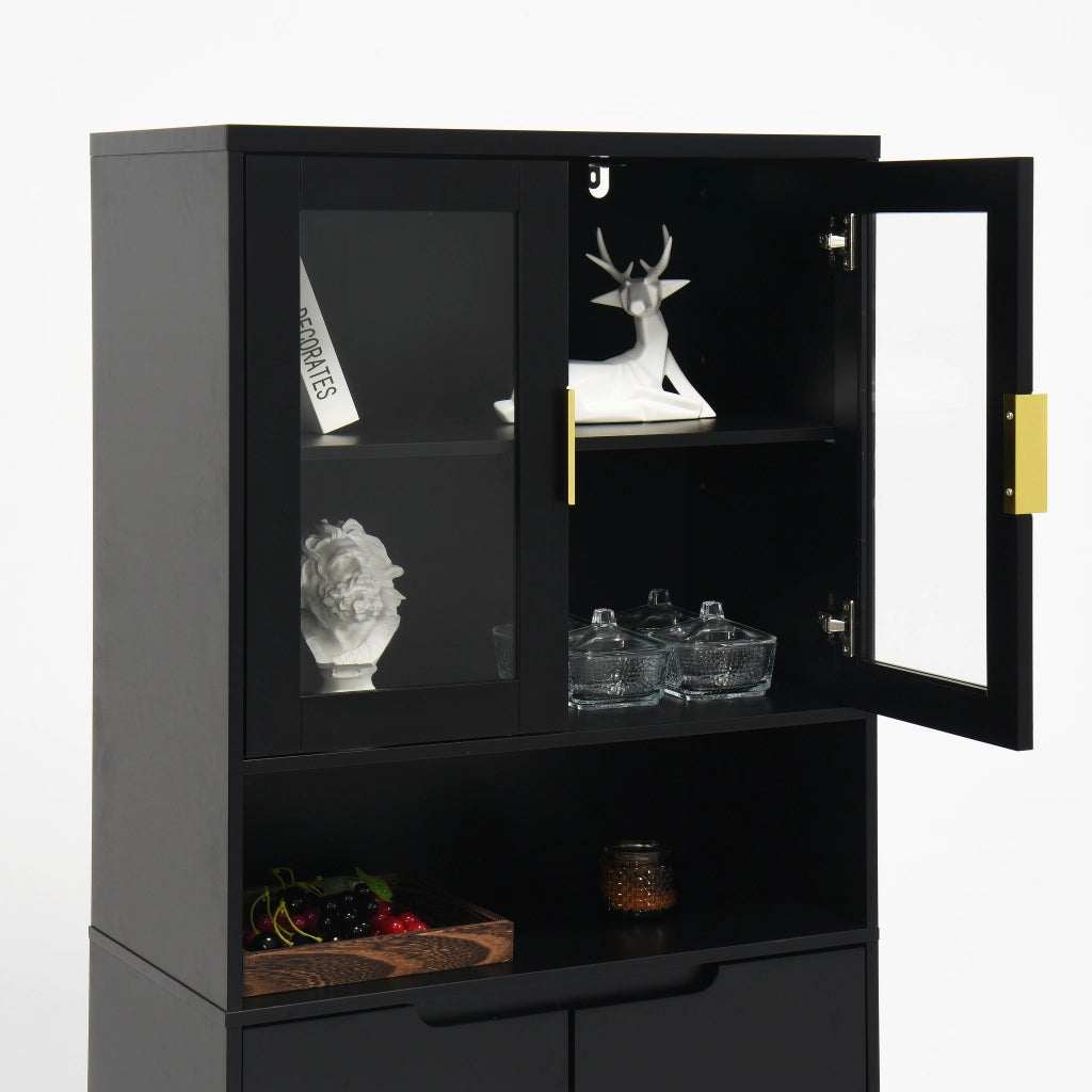 Mobile contenitore alto con ante in vetro temperato ripiani regolabili in MDF nero 60 × 35 × 160 cm