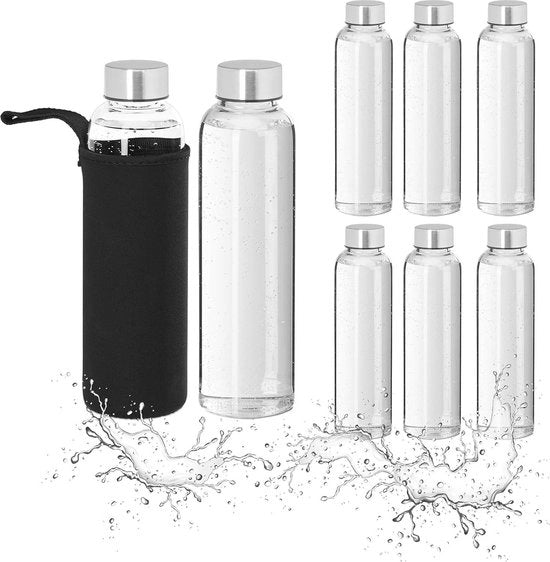 Set di 8 - Bicchiere di vetro con coperchio in acciaio inossidabile - 500 ml - con guaina - vetro borosilicato - trasparente/nero