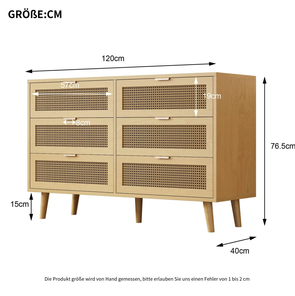 Cassettiera 120x40x76.5 cm con 6 cassetti e maniglie in metallo; in truciolato e legno