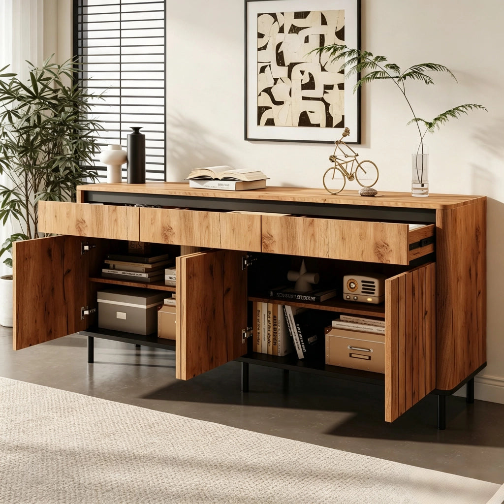 Sideboard moderno 160¡Á40¡Á73 cm in MDF con 3 cassetti e 3 ante a lamelle, 6 piedini in metallo, finitura effetto legno naturale, portata 30 kg