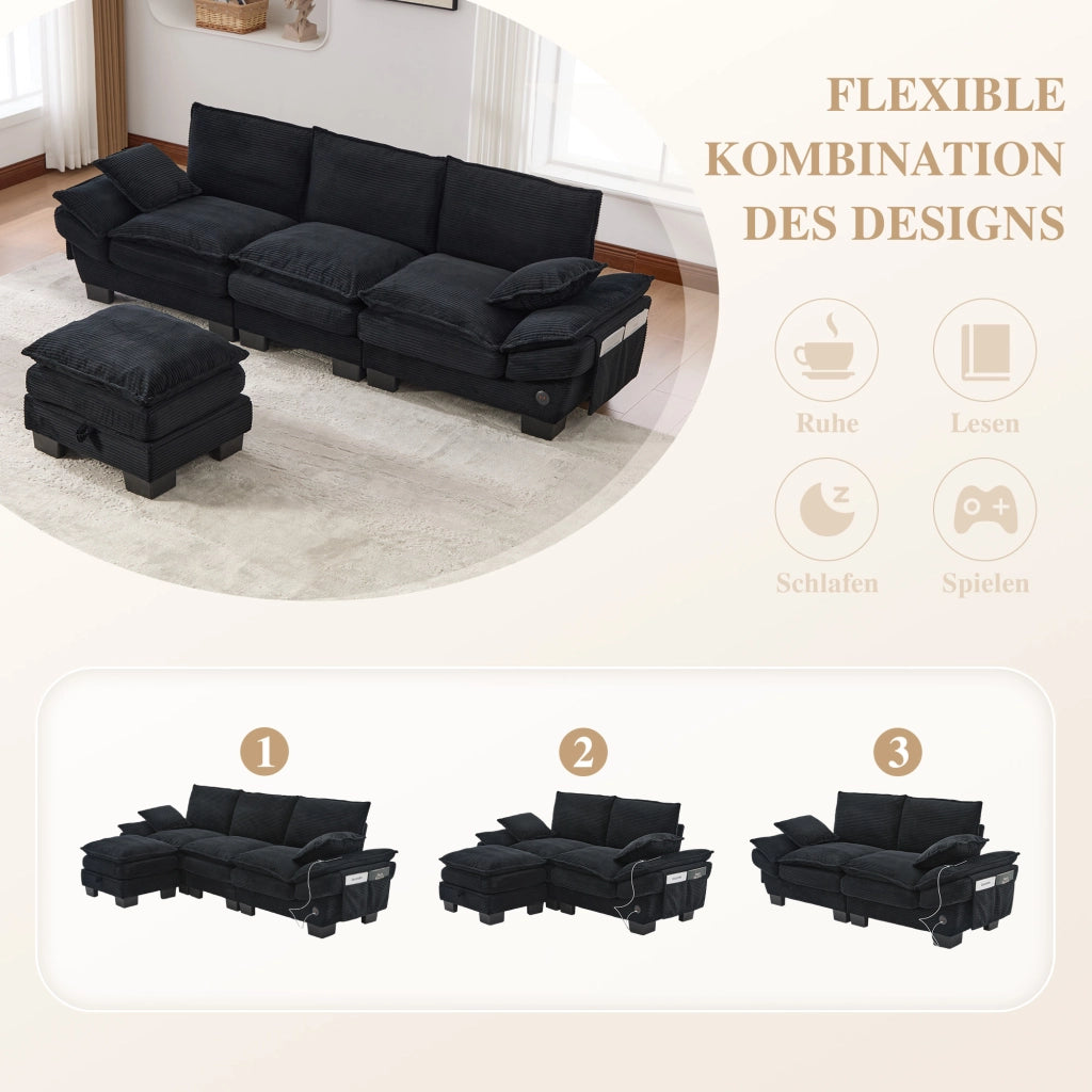 Divano modulare 3 posti con pouf seduta ampia design ergonomico porta USB C e tasche laterali in tessuto a coste nero