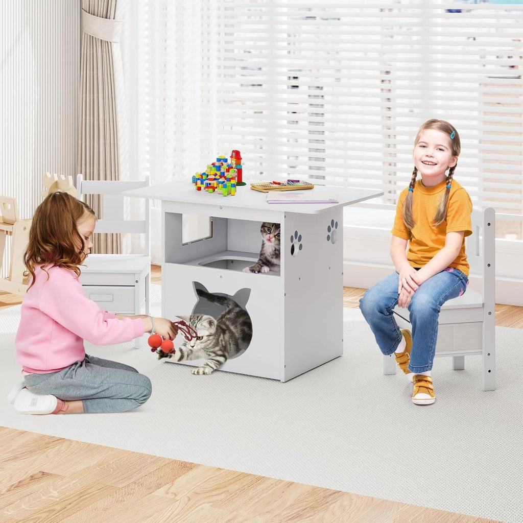 Tavole e Sedie per Bambini 3+ Anni, Tavolo in Legno con Casetta per Gatti, Buco per Gatti & Finestra Trasparente, 2 Sedie con Contenitori in Tessuto, Ideale per Disegnare e Studiare