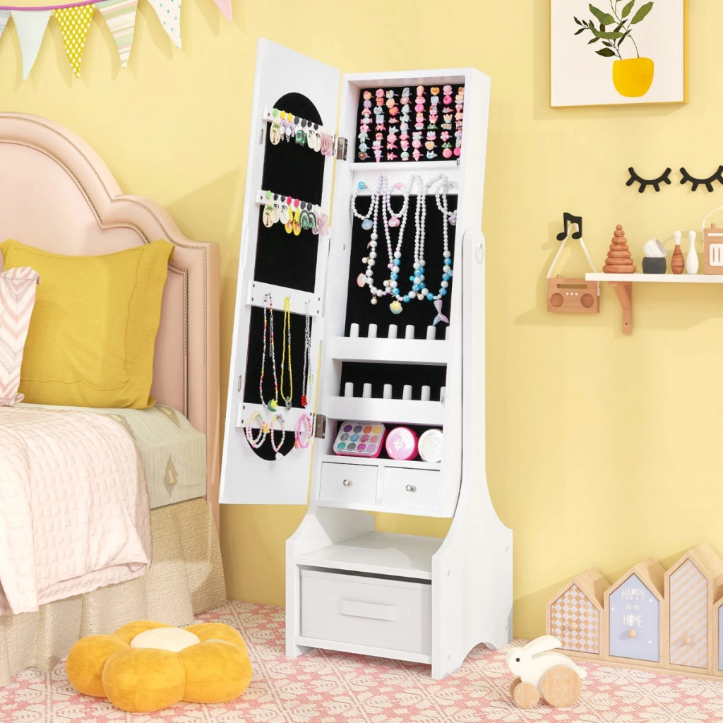 Armadio portagioie per bambine regalo di compleanno e natale per ragazze-Specchio da toilette per bambini con ganci ripiani e cassetti Bianco