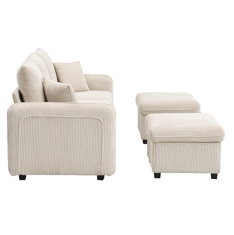 Divano 3 Posti Trasformabile con 2 Pouf Contenitore e 2 Cassetti; Velluto a Coste Beige