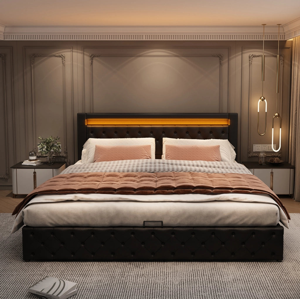 Letto imbottito 160x200 cm; con LED e contenitore; PU nero (Senza materasso)