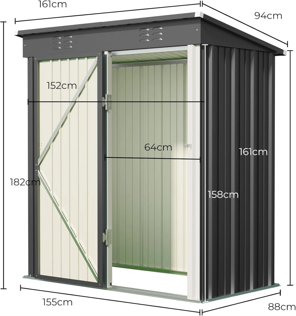 Casetta per attrezzi in metallo,Capanno per Attrezzi da Giardino in Metallo con Ripiani Regolabili, Tetto Inclinato, Prese d'Aria,per Prato, Patio e Cortile161x94x182CM,Grigio