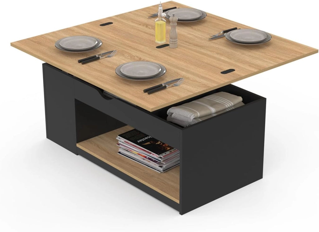 Tavolino rettangolare trasformabile in tavolo da pranzo ELEA in legno nero e impiallacciatura di faggio