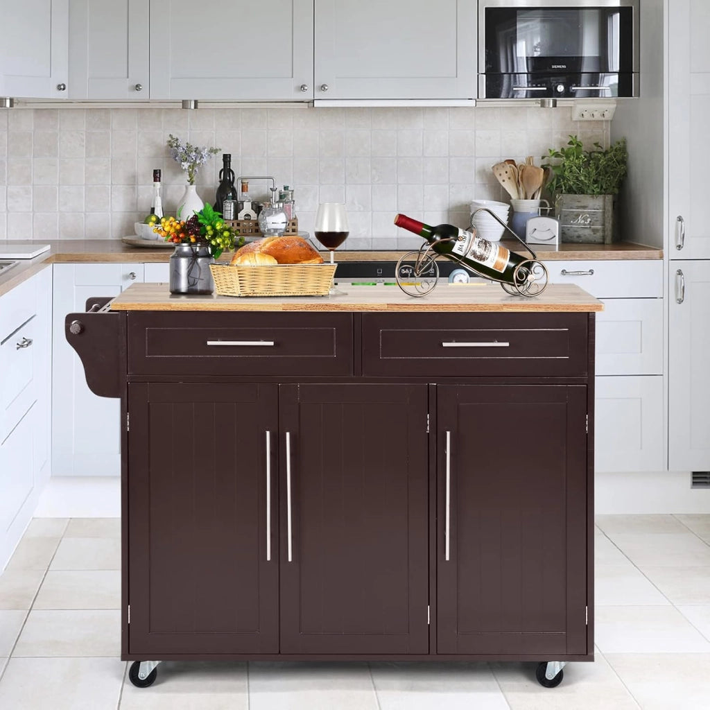 Carrello Portaoggetti con Ruote con 2 Freni, Isola Cucina in Rovere Massiccio, Mobiletto da Pranzo con Portaspezie e Portasciugamani, per Soggiorno, 111,5 x 46 x 93 cm, In 2 Pacchi (Marrone)