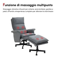 Poltrona Relax Massaggiante con Pouf e Telecomando, 8 Punti Massaggio e 5 Programmi, Grigio