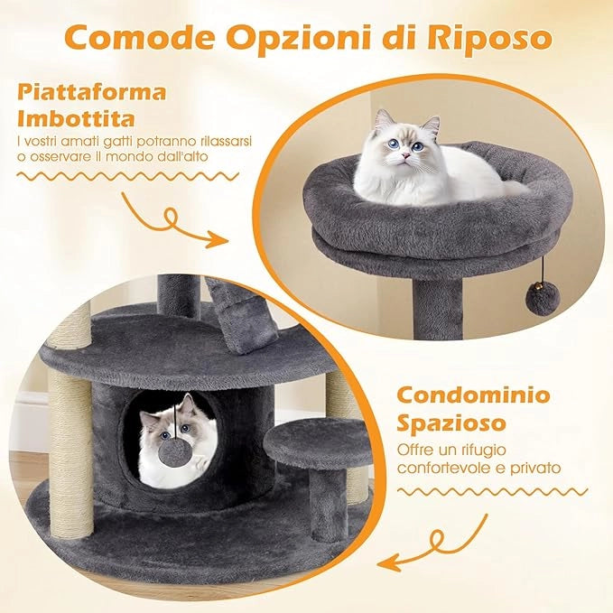 Albero per Gatti Adulti, Torre per Gatti Alta 101 cm con Condominio, Piattaforma Imbottita, Tiragraffi, Pallina di Peluche Pendente e Scala, Albero Tiragraffi in Legno per Interno (Grigio)