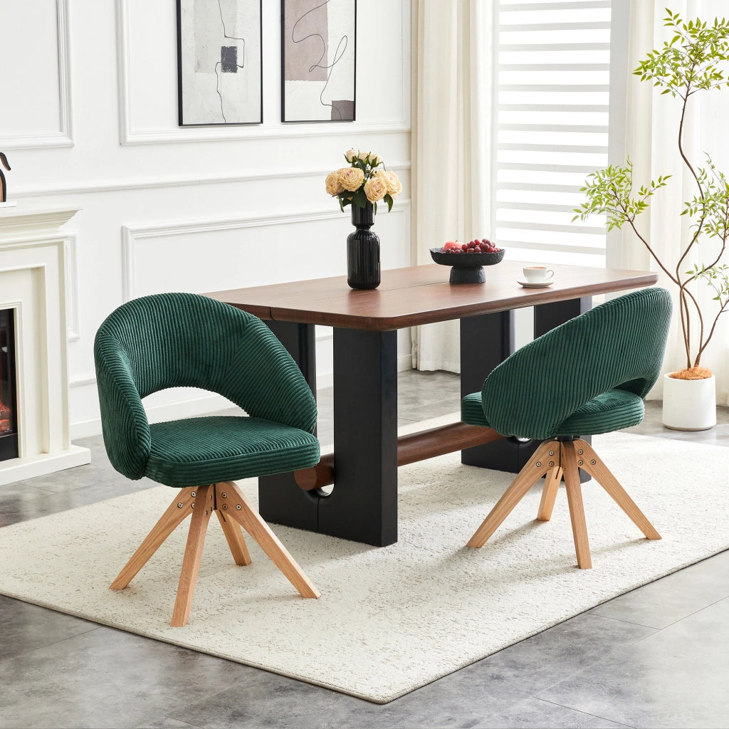Sedia da pranzo set da 2 girevole a 360° con schienale avvolgente e gambe in legno, velluto verde scuro