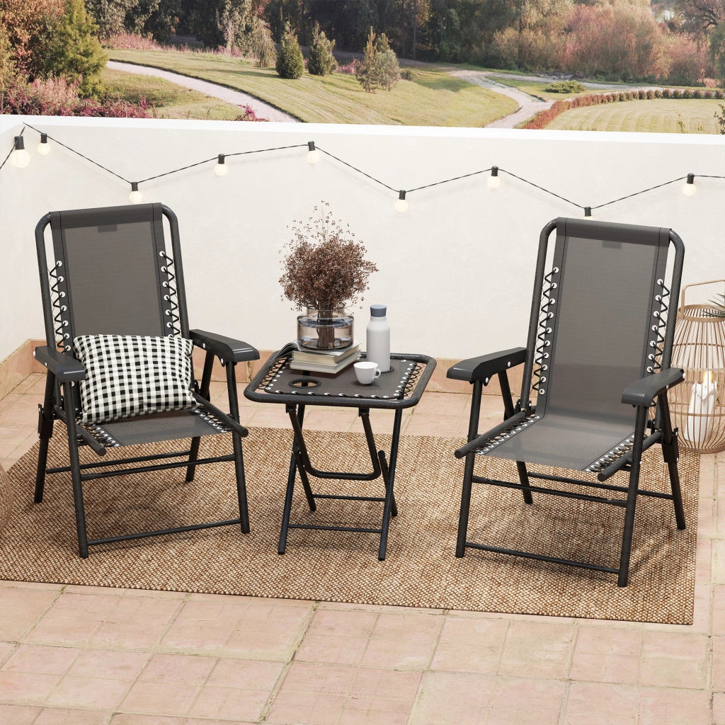 Set bistrot in acciaio a 3 pezzi: pesante; tavolo pieghevole + portatabicchieri + sedie; nero