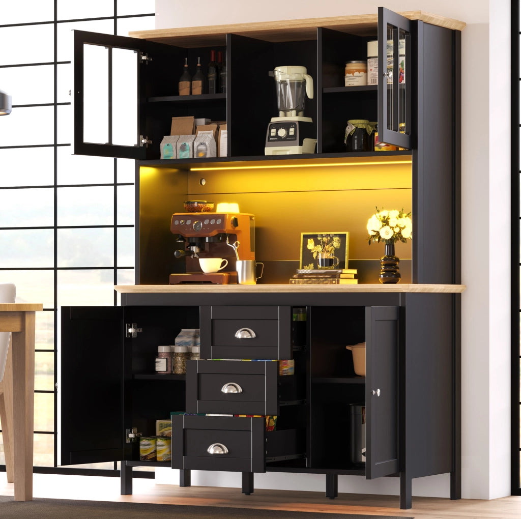 Credenza alta con LED, 4 ante e 3 cassetti, 120x40x179 cm