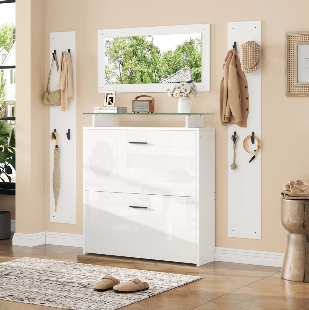 Set guardaroba da ingresso 4 pezzi bianco con scarpiera e specchio
