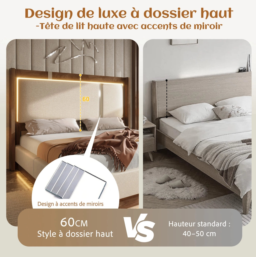Letto imbottito 90x200 cm con rete a doghe, LED e contenitore, lino beige e noce, senza materasso