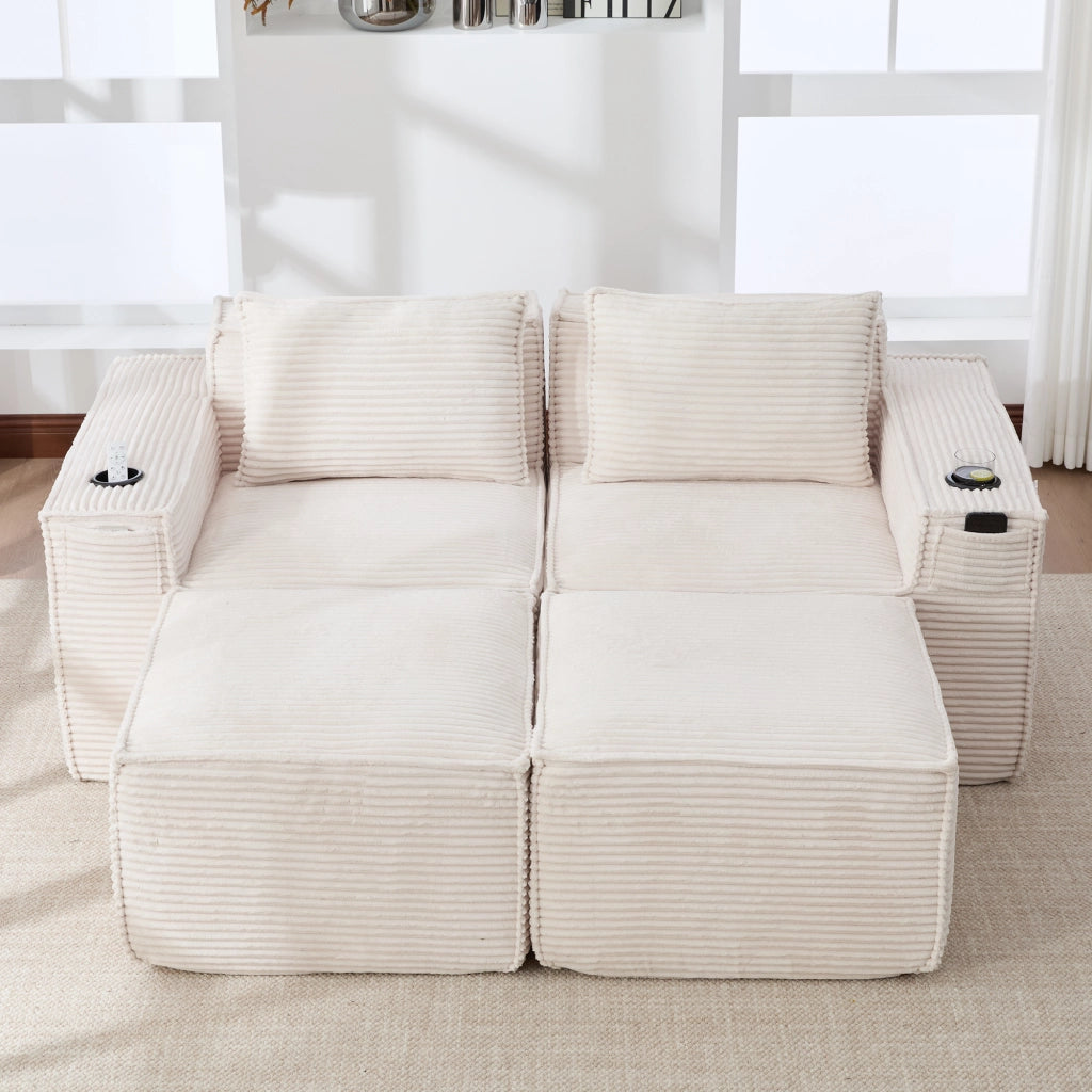 DIVANO modulare 2 posti 188x162x75 cm beige in corduroy con 2 pouf