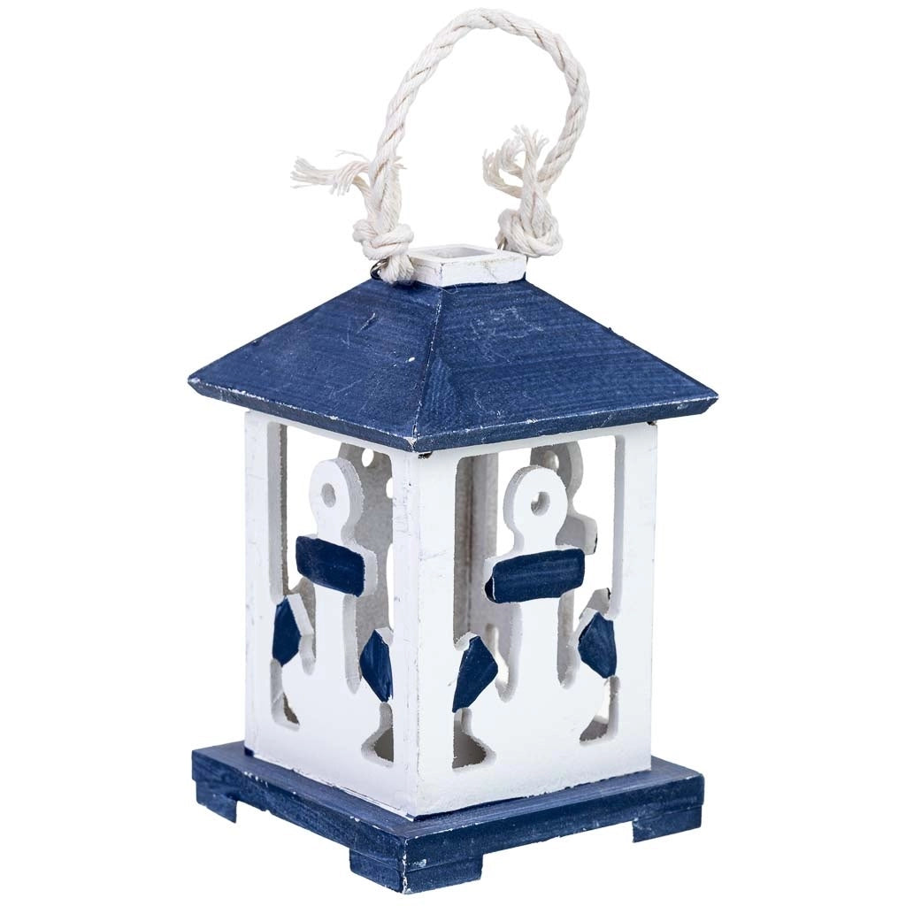 Portacandele da appendere in legno con ancora blu 10x10x23h cm