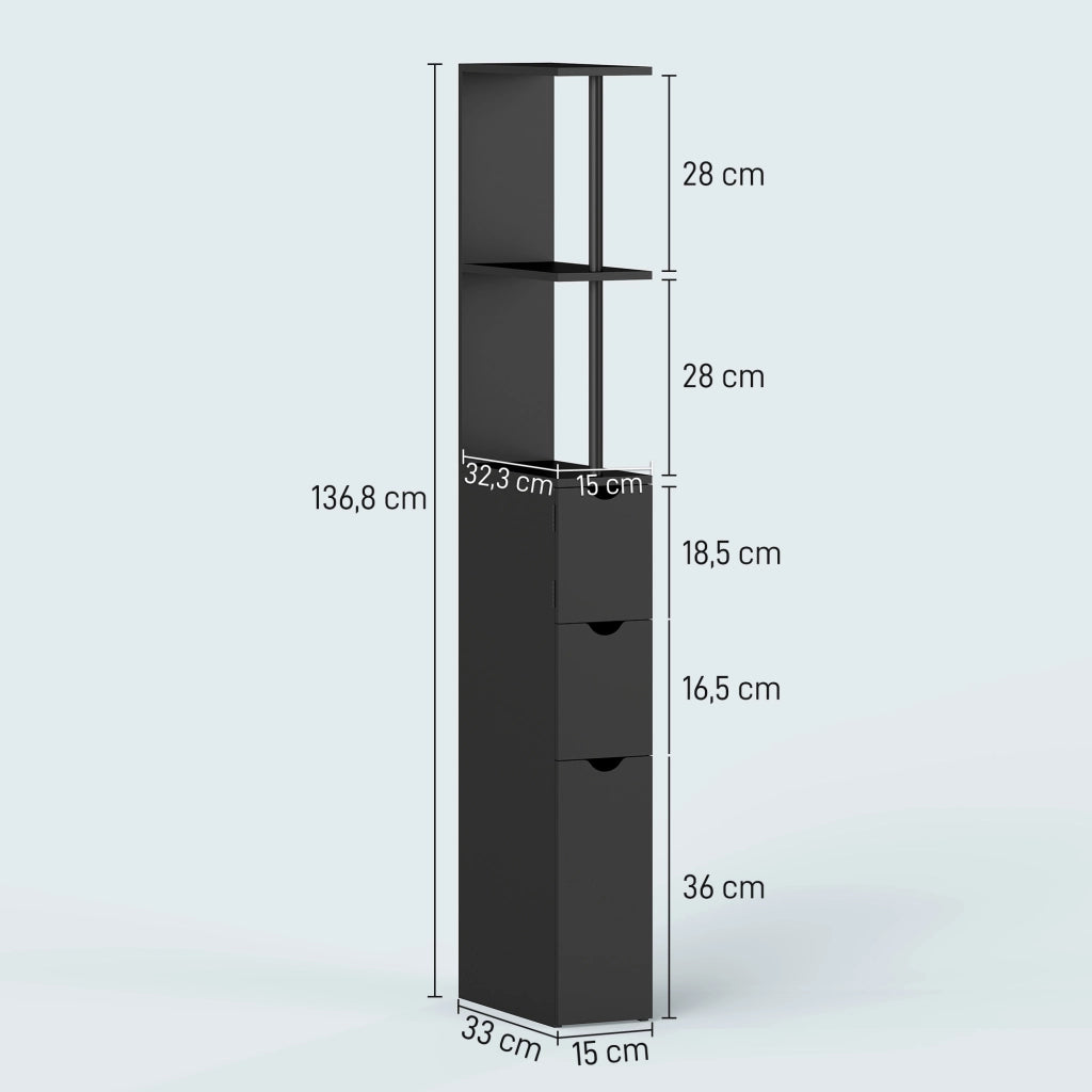 Armadio da bagno con cassetti e ripiani aperti ¨C Minimal ¨C 15x33x136,8 cm nero