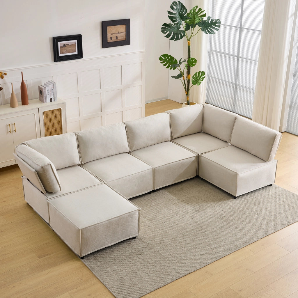 Divano angolare modulare componibile con seduta comoda e rivestimento in lino beige 308 × 152 × 77 cm