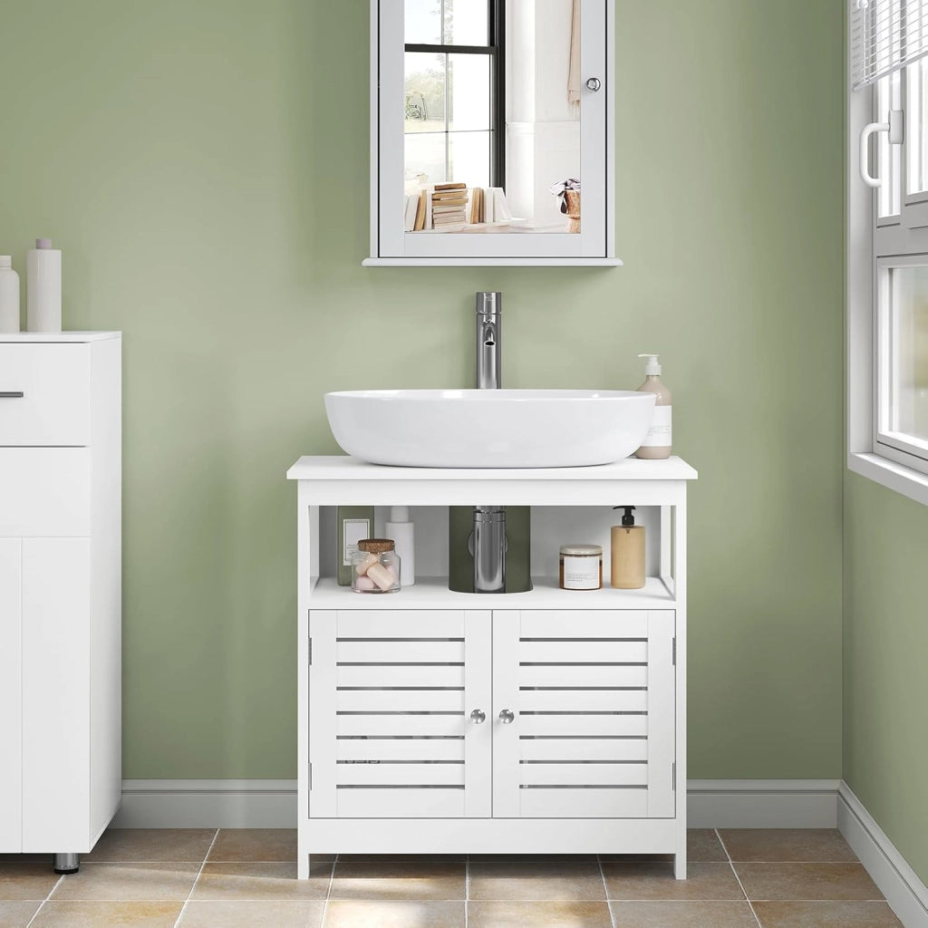 Armadietto Sottolavabo Bianco Mobiletto sotto Lavandino Sottolavello per Bagno con Due Ante in Legno