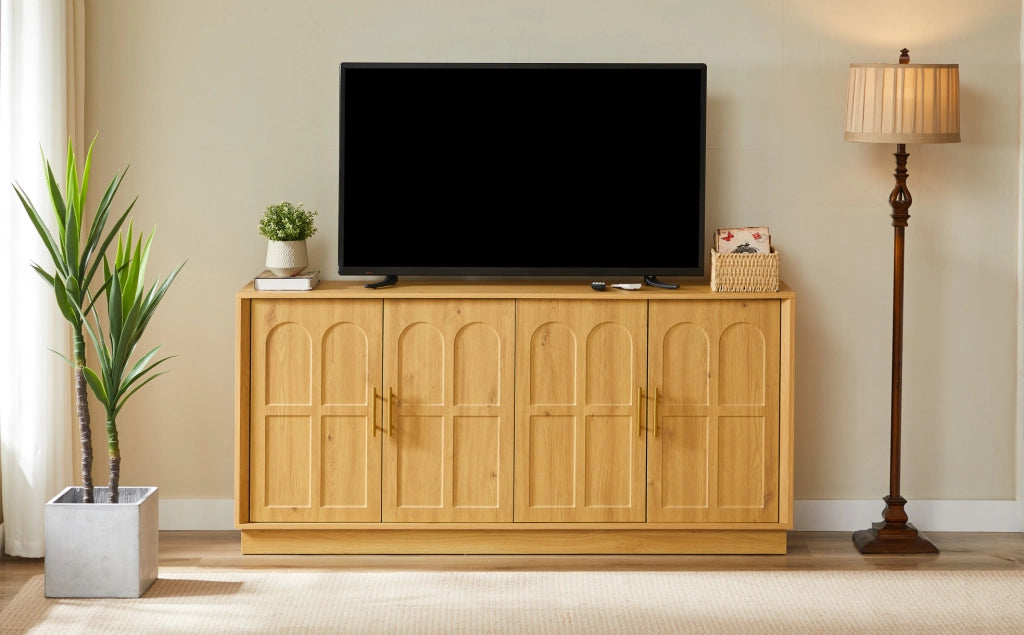 Credenza moderna 169 cm in MDF effetto legno naturale; con ante curve e ripiani regolabili