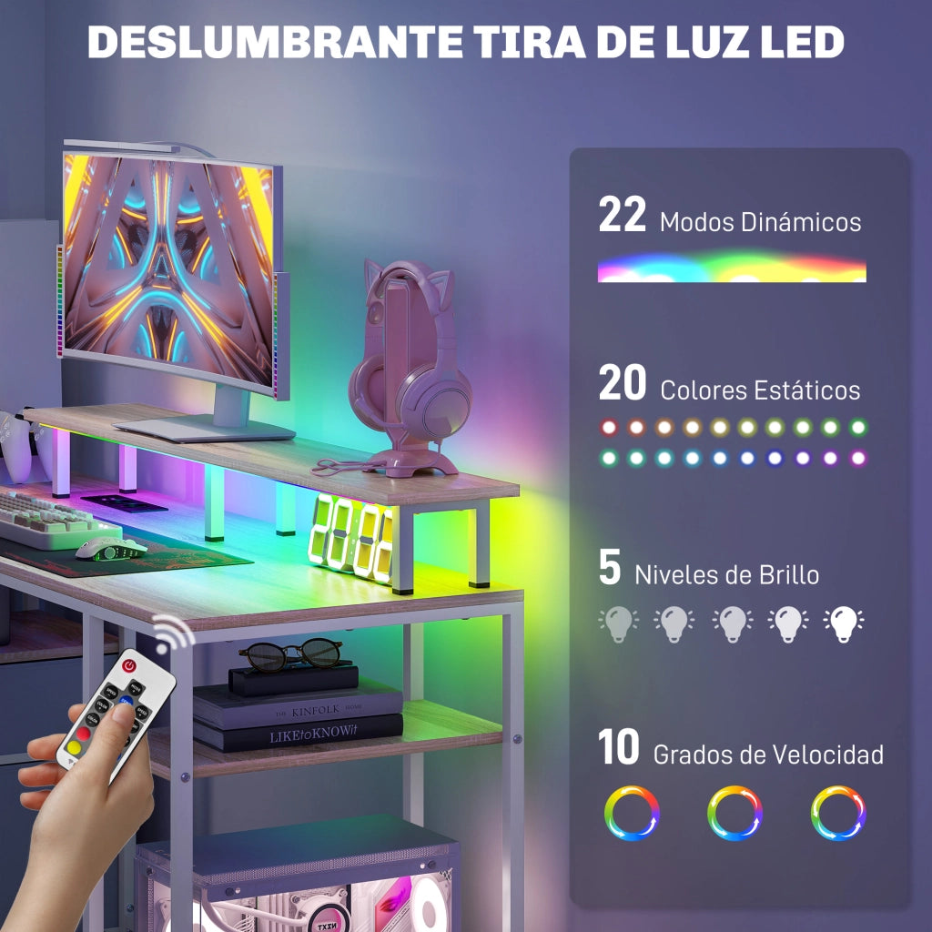 Scrivania con LED, Cassetti, Prese USB e Supporto Monitor ¨C zephmum ¨C Naturale 155.5x48x88.5 cm