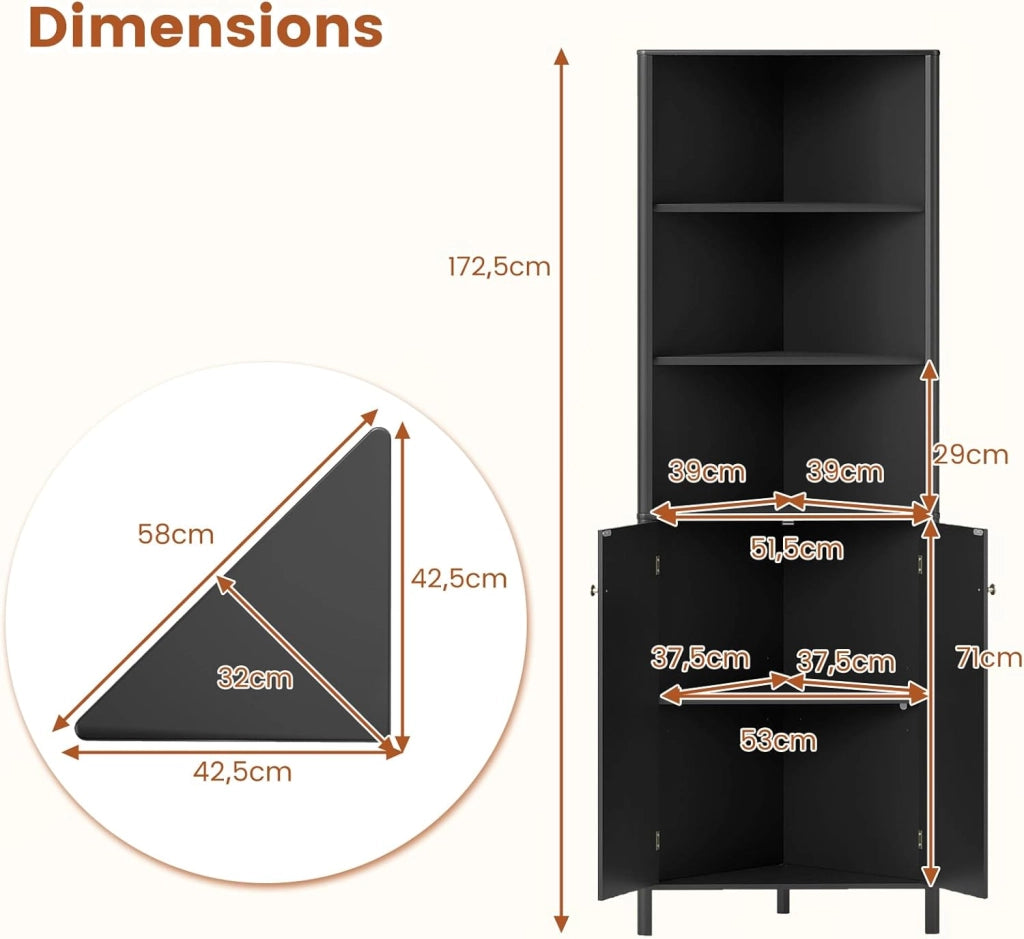 Armadio ad angolo alto, mobile da bagno con 3 ripiani aperti e 2 ante, ripiano inferiore regolabile, kit antiribaltamento, 58 x 32 x 172,5 cm, organizer per soggiorno, camera da letto (nero)