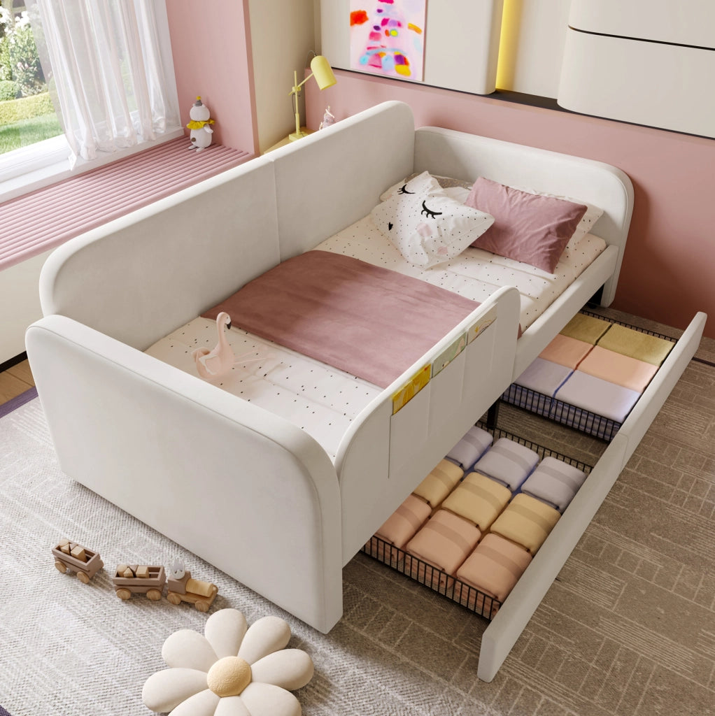 Letto singolo imbottito bianco 90x200 cm con cassetti e sponde rialzate