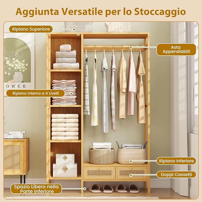 Appendiabiti in Bambù, Porta Abiti con Armadietto Mensola e Cassetti, Organizzatore di Armadio Autoportante per Ingresso Camera da Letto, 102 x 33 x 160 cm