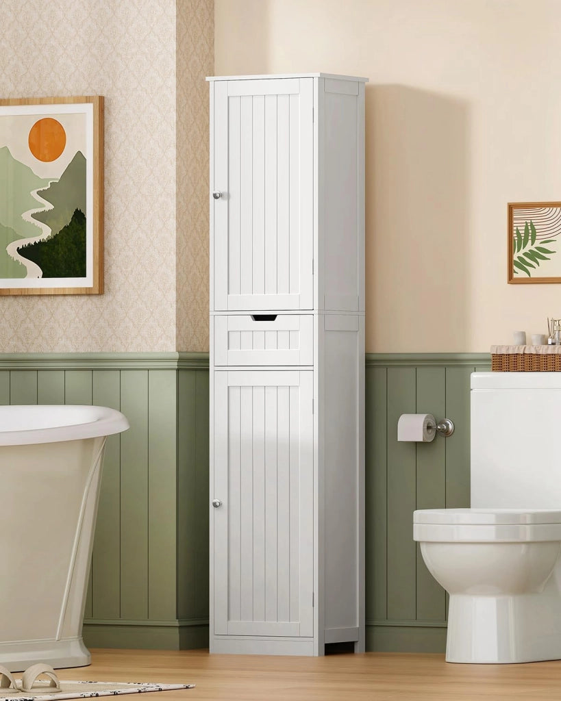 Mobile da Bagno Salvaspazio Stretto e Alto con Cassetto, Armadietto Bagno Moderno 2 Ante + 1 Cassetto 40x30x170 cm, Bianco