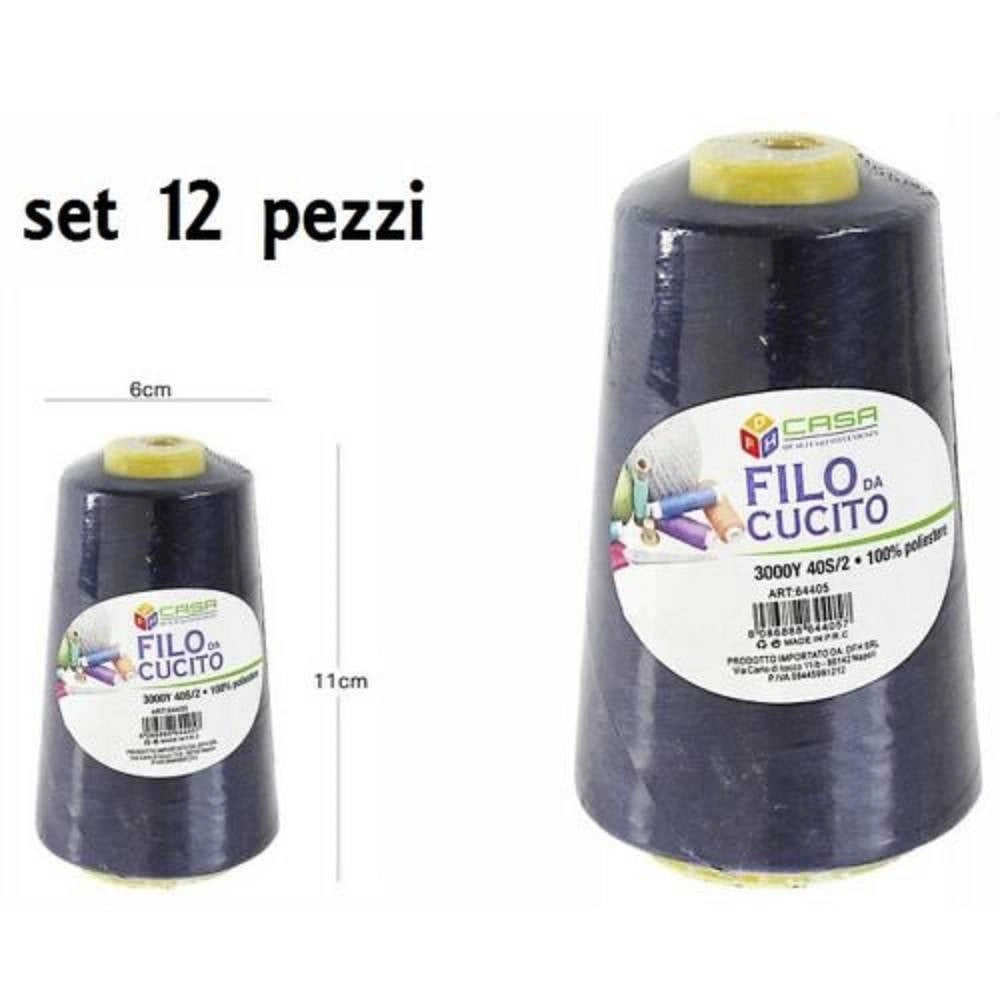 Trade Shop - Set 12 Pz Filati A Cono Filo Poliestere Cucito 3000y 40s/2 Blu Gomitolo Cotone -