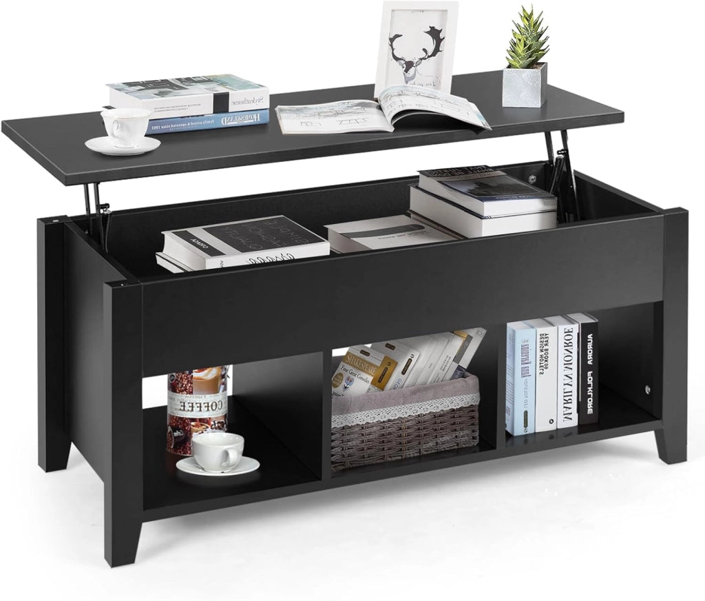Tavolo da caffè con spazio nascosto e sollevabile, tavolo da pranzo e salone, con 3 spazi divisi, 104 x 49 x 48/62,5 cm per soggiorno e sala da pranzo (nero)
