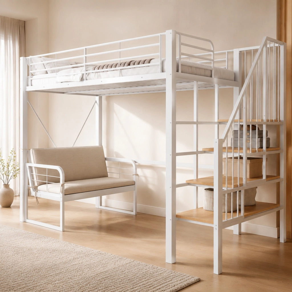 LETTO A CASTELLO 90x200 cm in metallo bianco con divano imbottito rimovibile