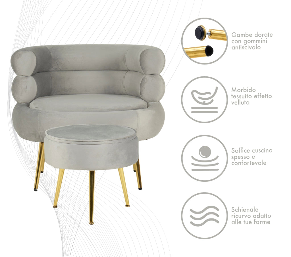 Poltrona Camera da Letto e Salotto in Velluto con Poggiapiedi Contenitore - Poltroncina Relax Moderna con Gambe in Metallo Placcato Oro - Design Moderno, Seduta Morbida con Cuscino - Sedia in Velluto - Grigio