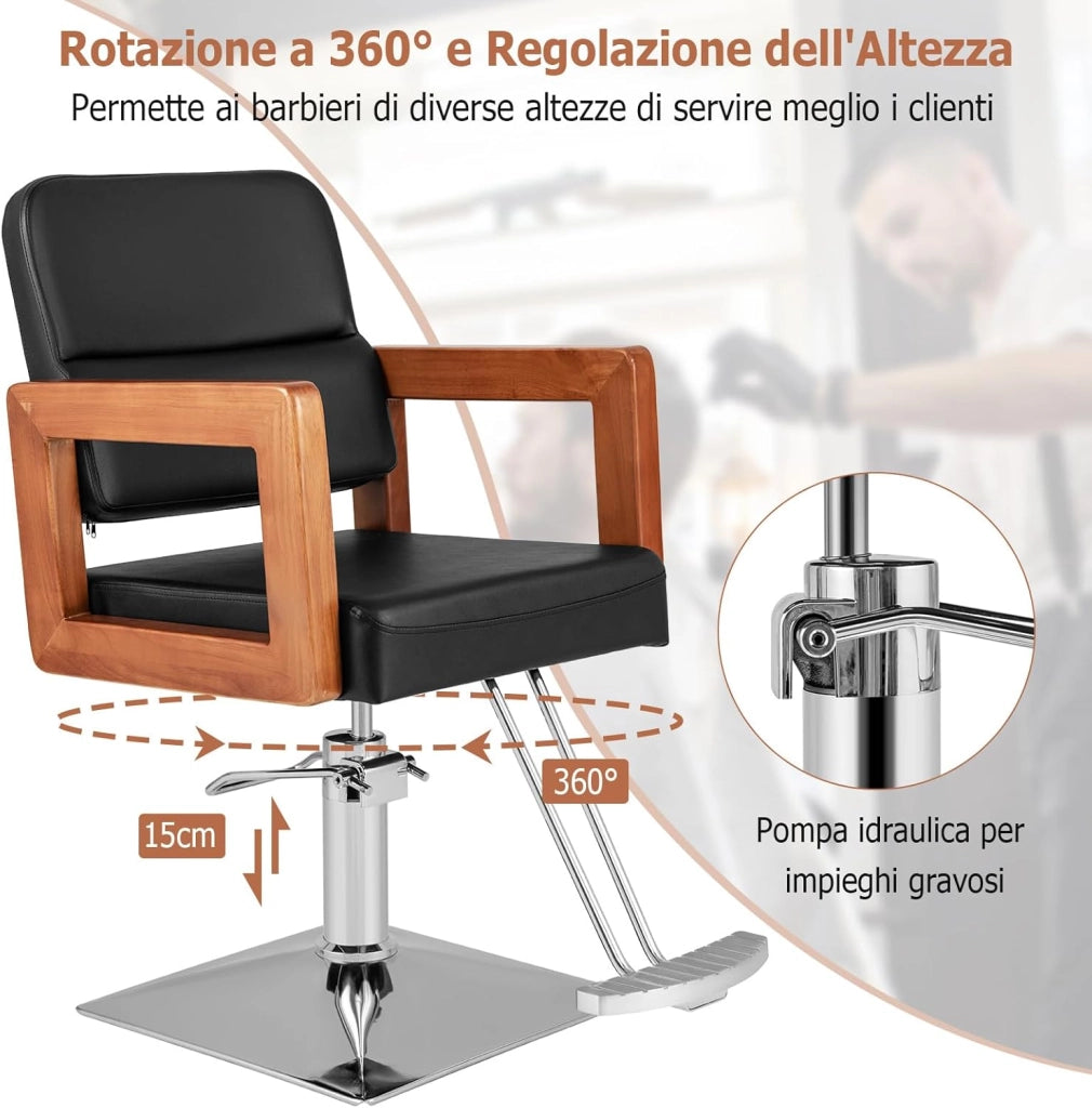 Poltrona da Barbiere, Sedia da Barbiere Girevole a 360°, Regolabile in Altezza 50-65 cm, con Braccioli in Legno Massello, Portata 250 kg