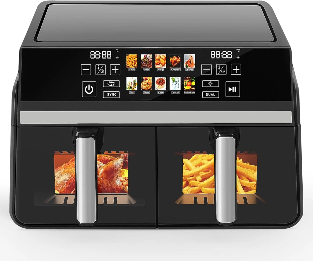 ZMH Friggitrice ad aria a doppia zona 10L 2200W touch screen con finestra visiva, cestello lavabile in lavastoviglie