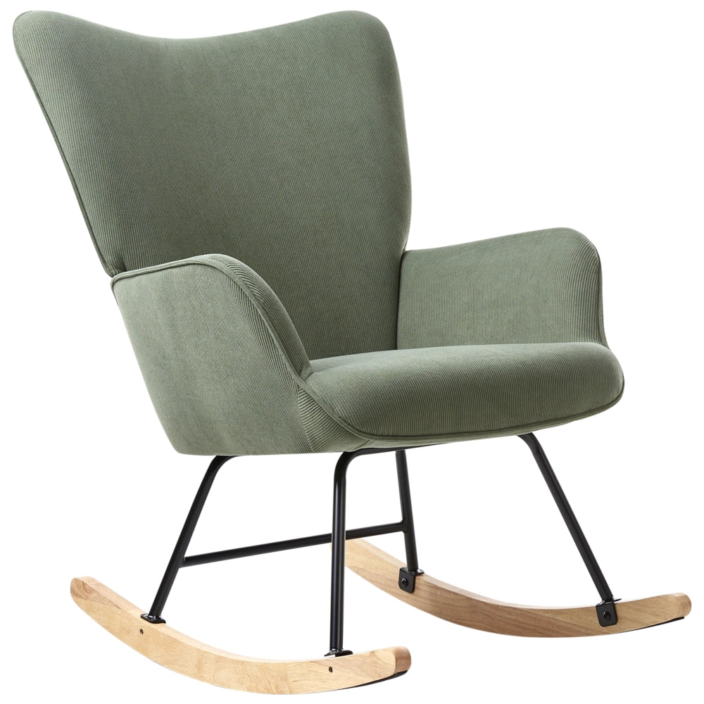Poltrona a dondolo Verde Jumbo Corda Tappezzeria Metallo Gambe nere Confortevole Ampio schienale e braccioli Soggiorno Camera da letto