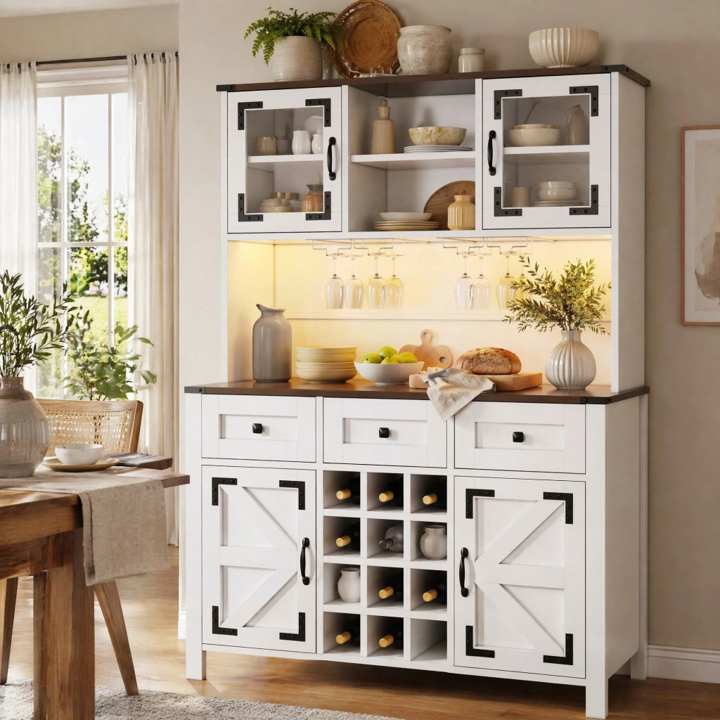 Credenza alta in stile country con LED, prese USB e portabicchieri