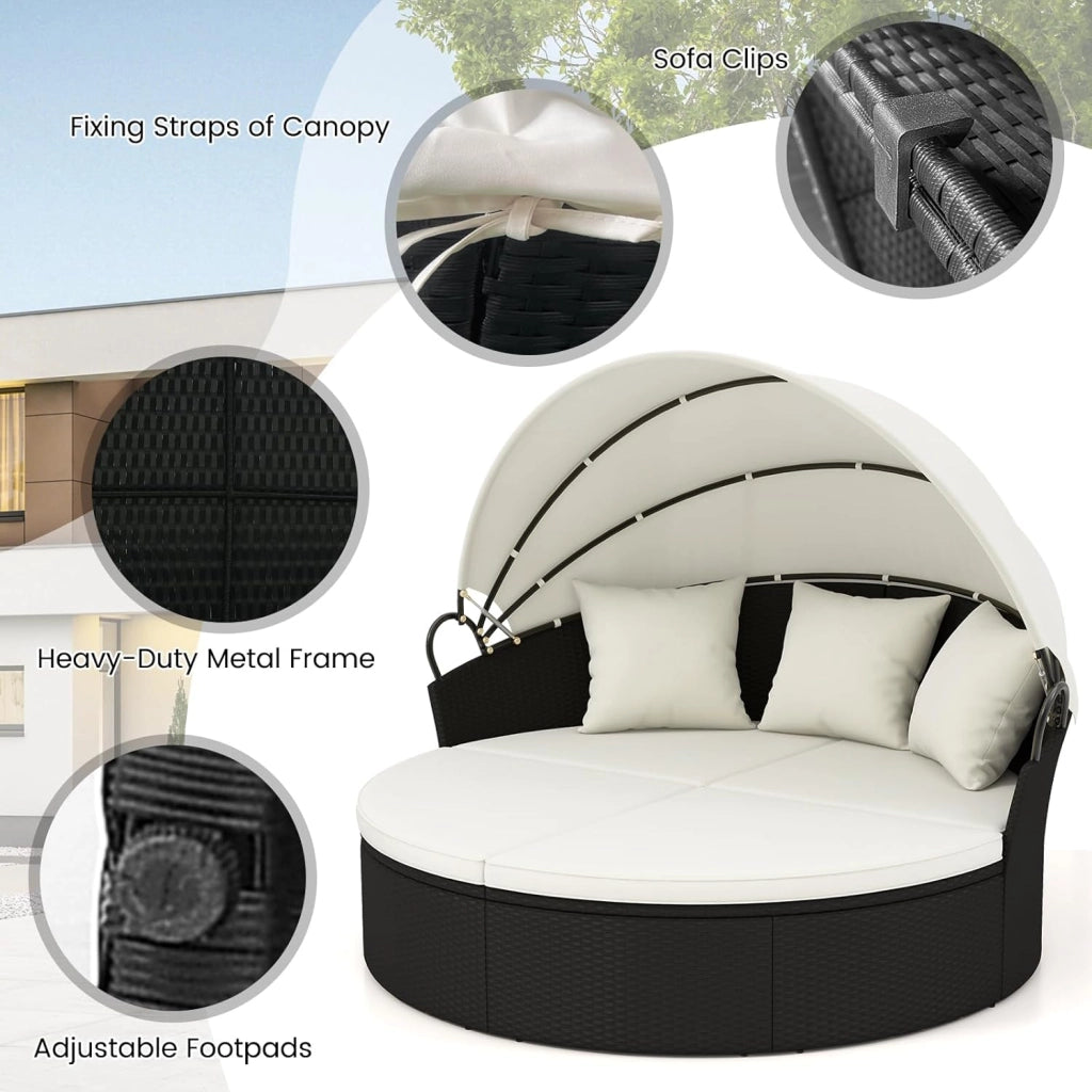 Letto da giardino esterno rotondo Ø187 cm in rattan PE con baldacchino retrattile, divano letto esterno per 2-3 persone, set salotto da giardino con cuscini(Beige)