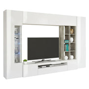 Mobile Soggiorno Andy, Parete Attrezzata 20 Ripiani Made in Italy, 290x40x192h cm Bianco Lucido