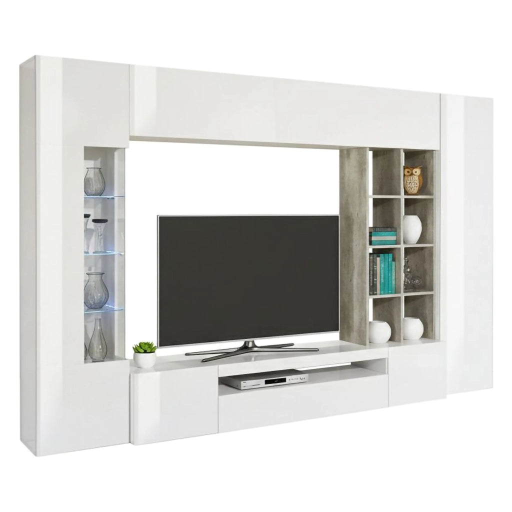 Mobile Soggiorno Andy, Parete Attrezzata 20 Ripiani Made in Italy, 290x40x192h cm Bianco Lucido
