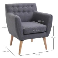 Poltrona Imbottita Moderna, Poltroncina da Camera Soggiorno con Braccioli Tessuto Legno 68 × 58.5 × 76cm Grigio Chiaro