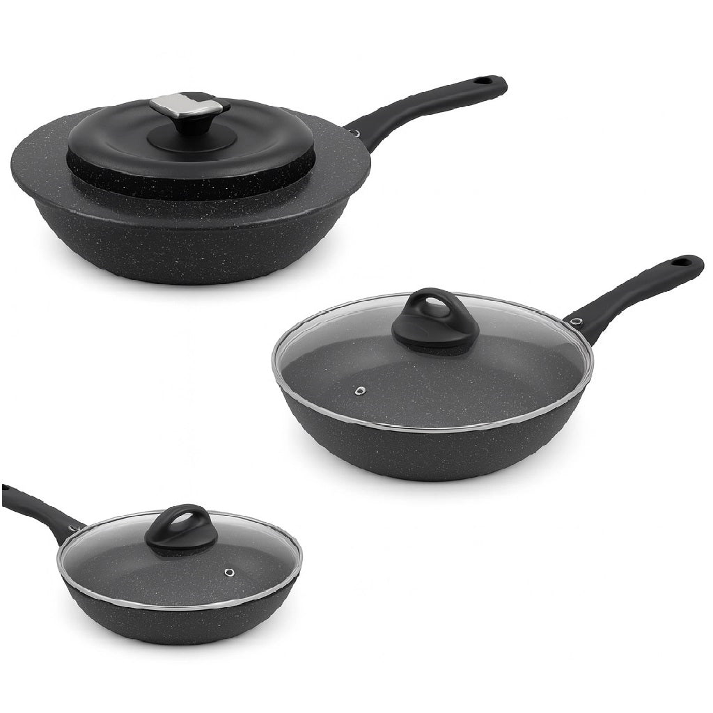 Set Padelle 6pz Pietra con Coperchio Magico Antiodore Padelle 24 28 32 cm Induzione
