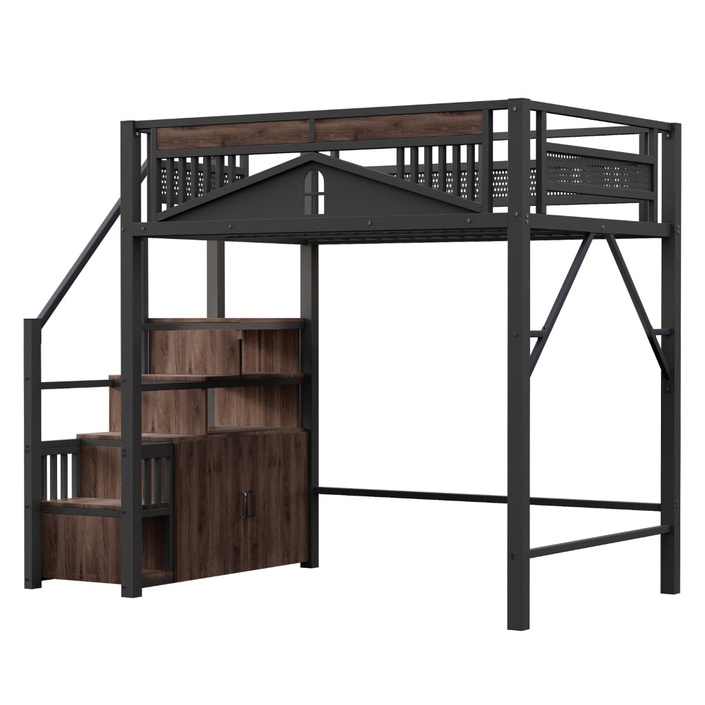 OKWISH Letto A Soppalco 140×200 cm, Letto Matrimoniale con Scala Contenitore, Armadietto e Spondine con Finestra, senza Materasso, Nero