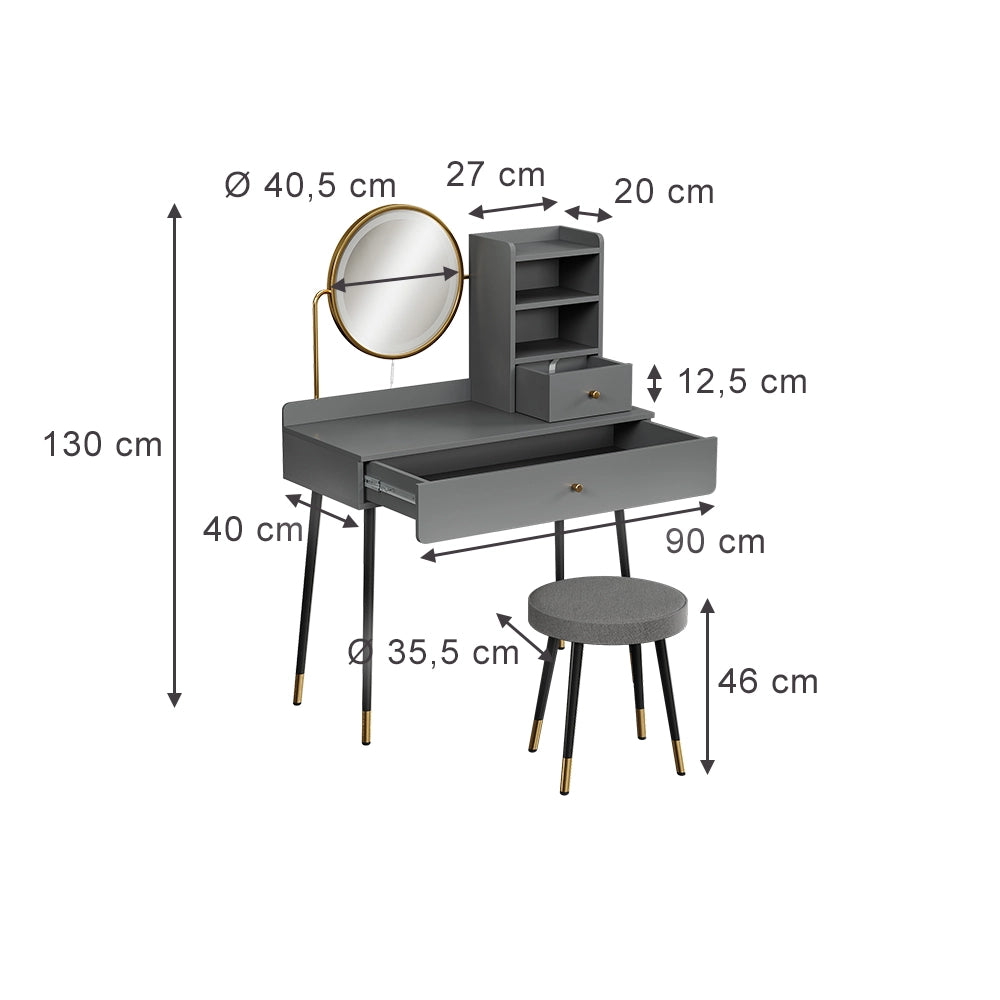 Vicco Tavolo da toeletta Grigio 90 cm con specchio LED e sgabello