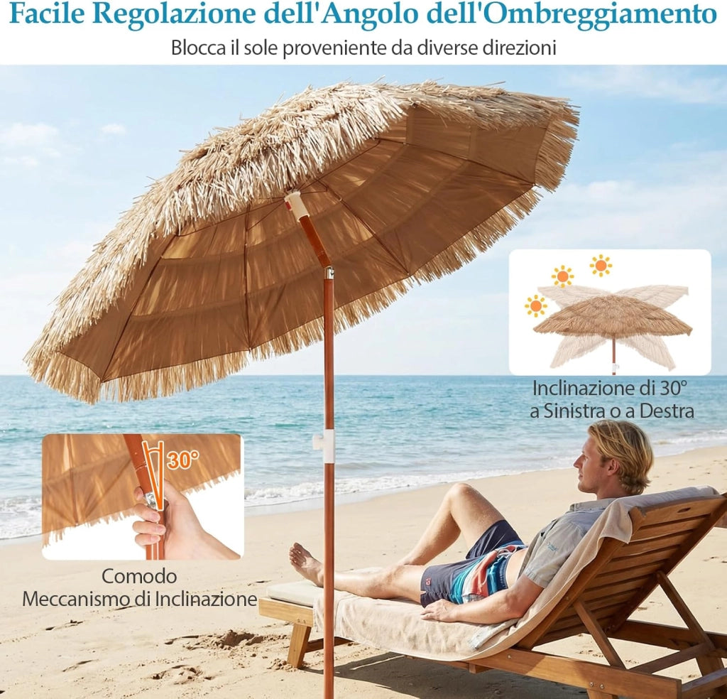 Ombrellone da Spiaggia 175 cm, Ombrelloe di Paglia PP con Borsa, Parasole Hawaiano con Inclinazione Regolabile, con Base, per Spiaggia Giardino Piscina (175 cm con Base)