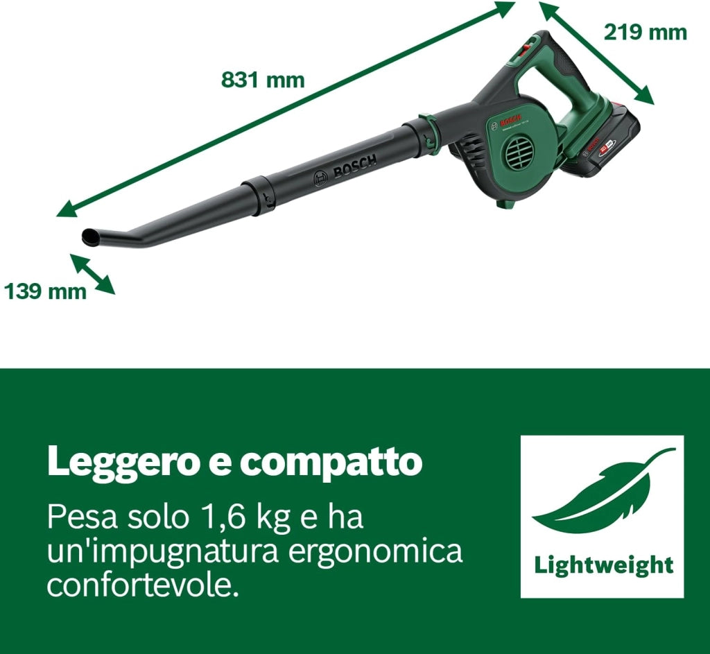 Bosch Soffiatore da giardino a batteria UniversalLeafBlower 18V-130 (per pulizie rapide e agevoli all'esterno; 18 Volt System; senza batteria)