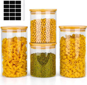 Set di 4 contenitori a vetro ermetici con coperchio in legno - per caffè in grani, semi, noci, farina, pasta, spaghetti